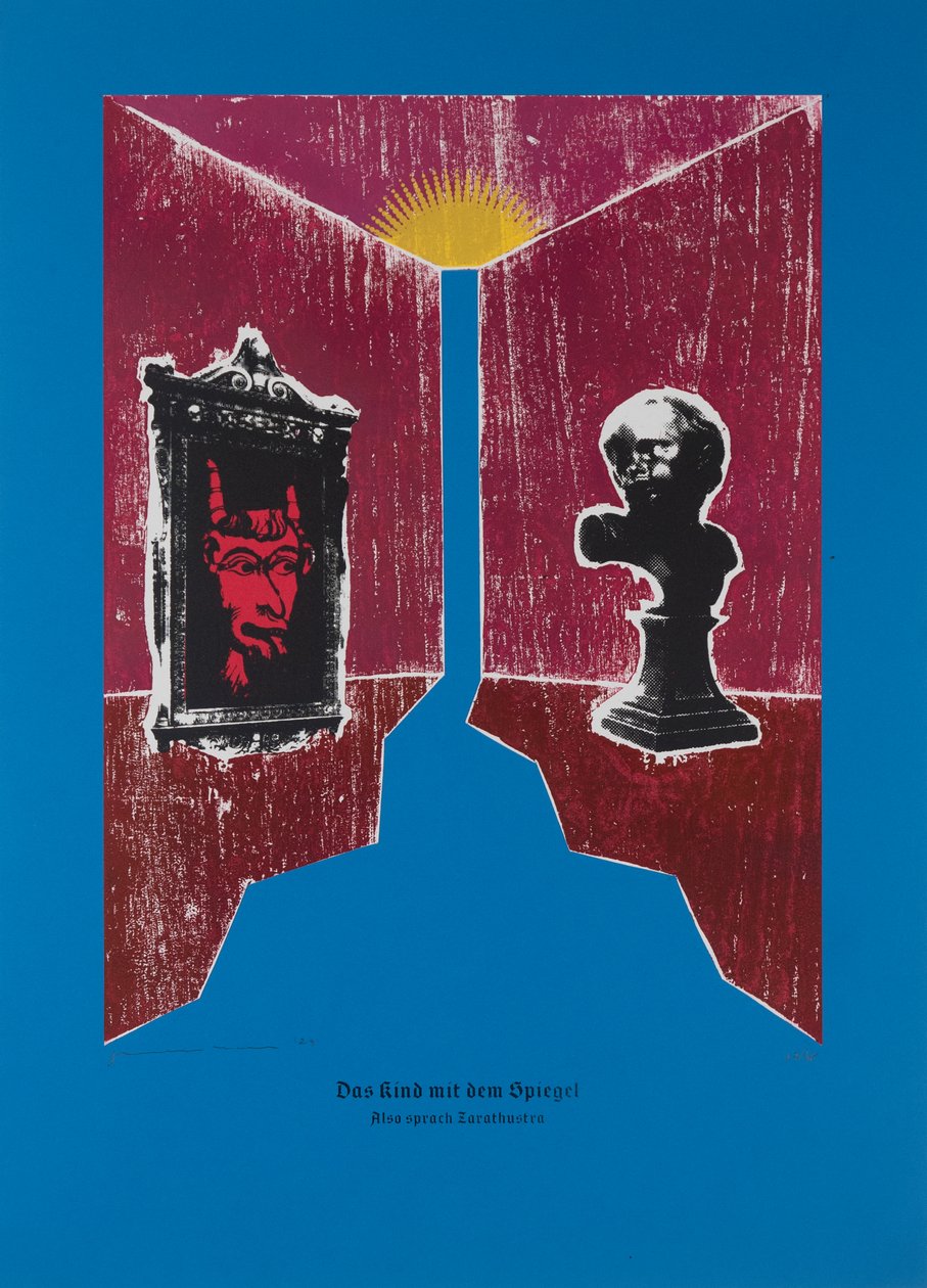A criança com o espelho, Assim falou Zaratustra, 2024 (xilogravura e serigrafia) de Guilherme Pontes