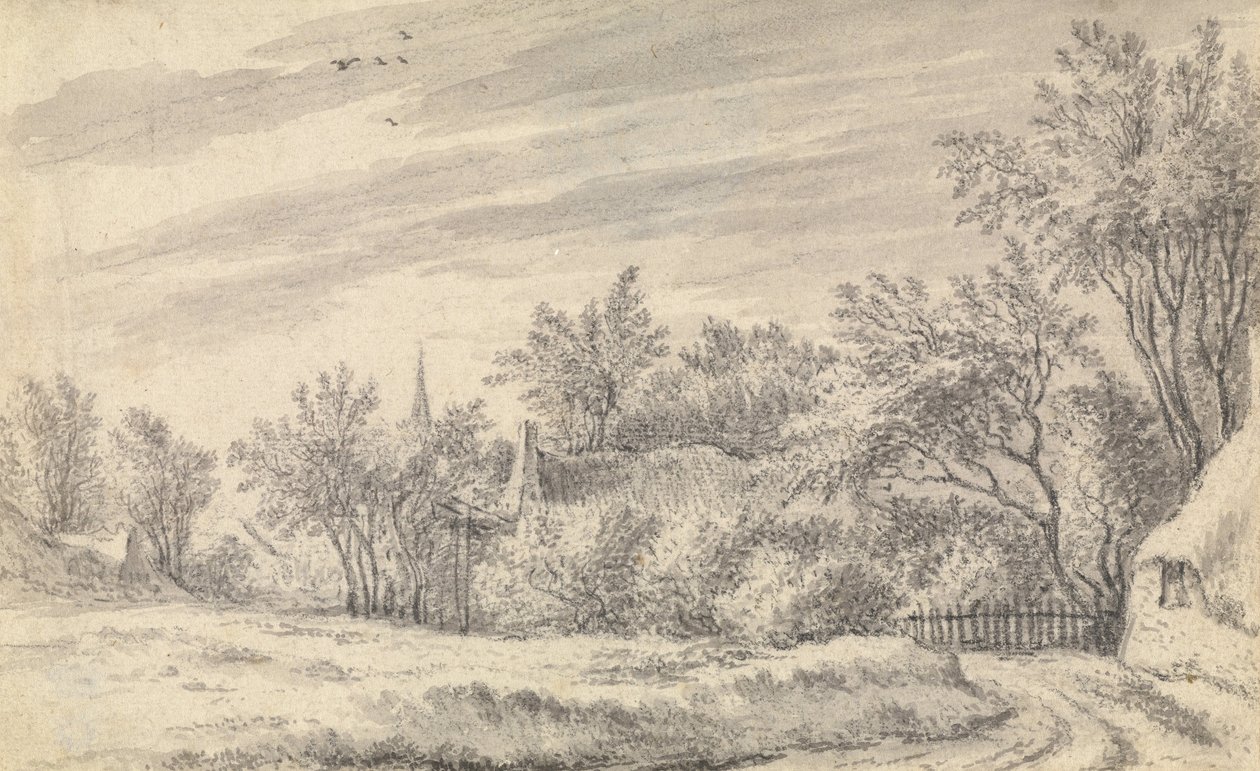 Caminho de aldeia com pináculo de igreja à distância de Guillam Dubois