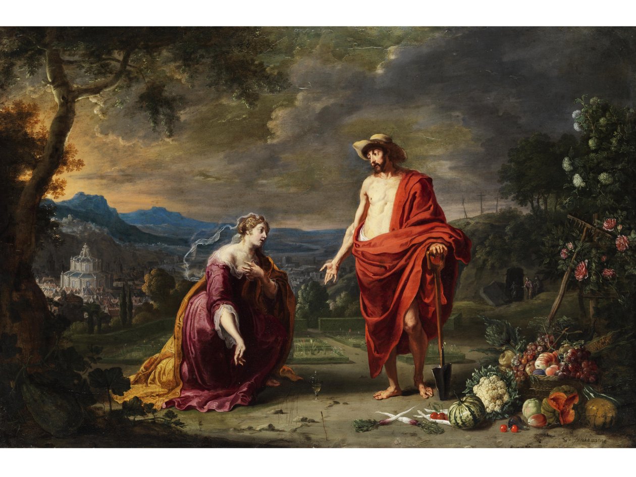 Jesus como jardineiro em frente a Maria Madalena ajoelhada. de Guillam Forchondt