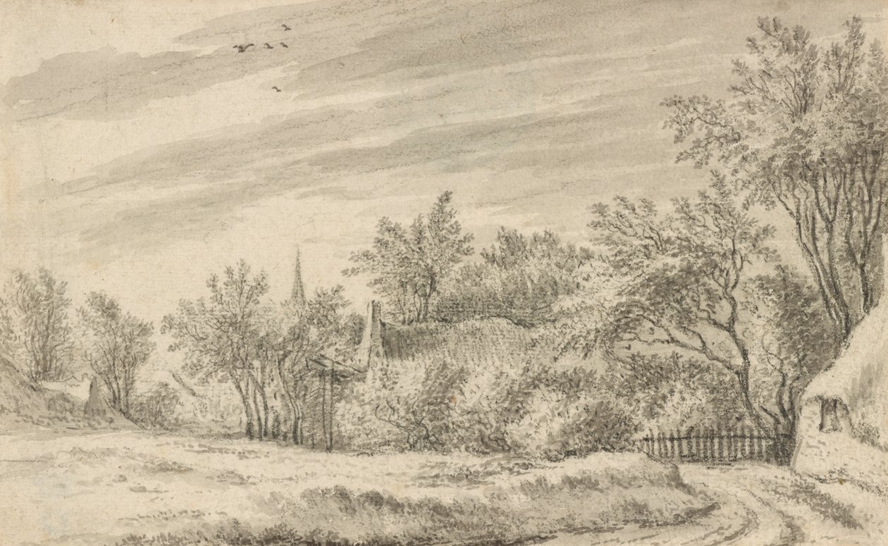 Caminho da aldeia com o pináculo da igreja ao longe de Guillam Dubois