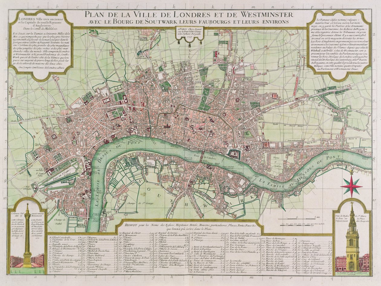 Plano das cidades de Londres e Westminster, 1727 (gravura colorida à mão) de Guillaume Danet