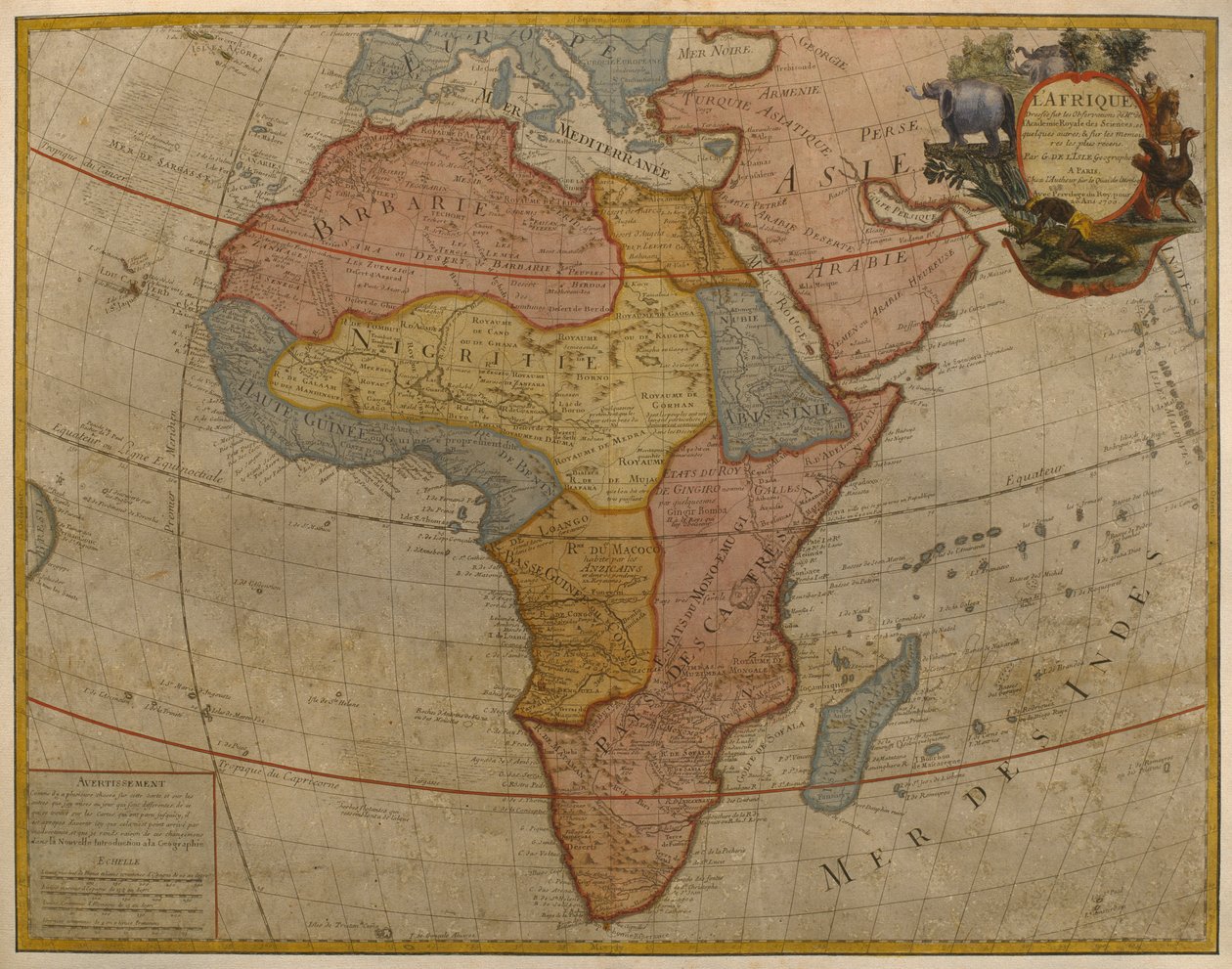Mapa da África, publicado em 1700, Paris (gravura a cores) de Guillaume Delisle
