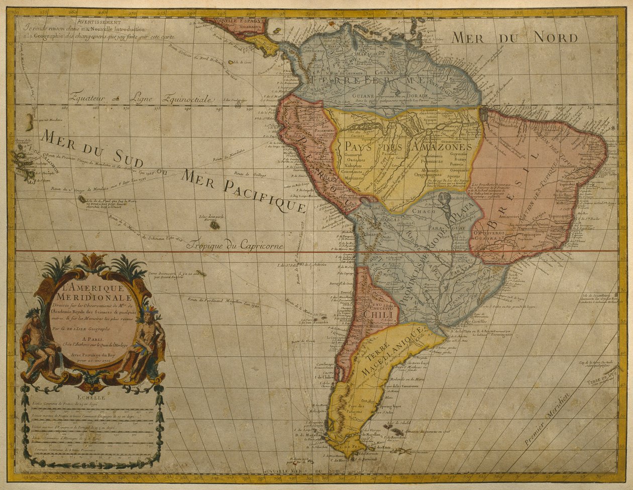 Mapa da América do Sul, publicado em 1700, Paris (gravura a cores) de Guillaume Delisle