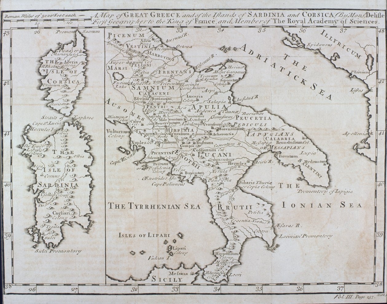 Mapa do sul da Itália, Córsega e Sardenha, conhecido nos tempos antigos como Grande Grécia ou Magnia Graecia, início do século XVIII de Guillaume Delisle