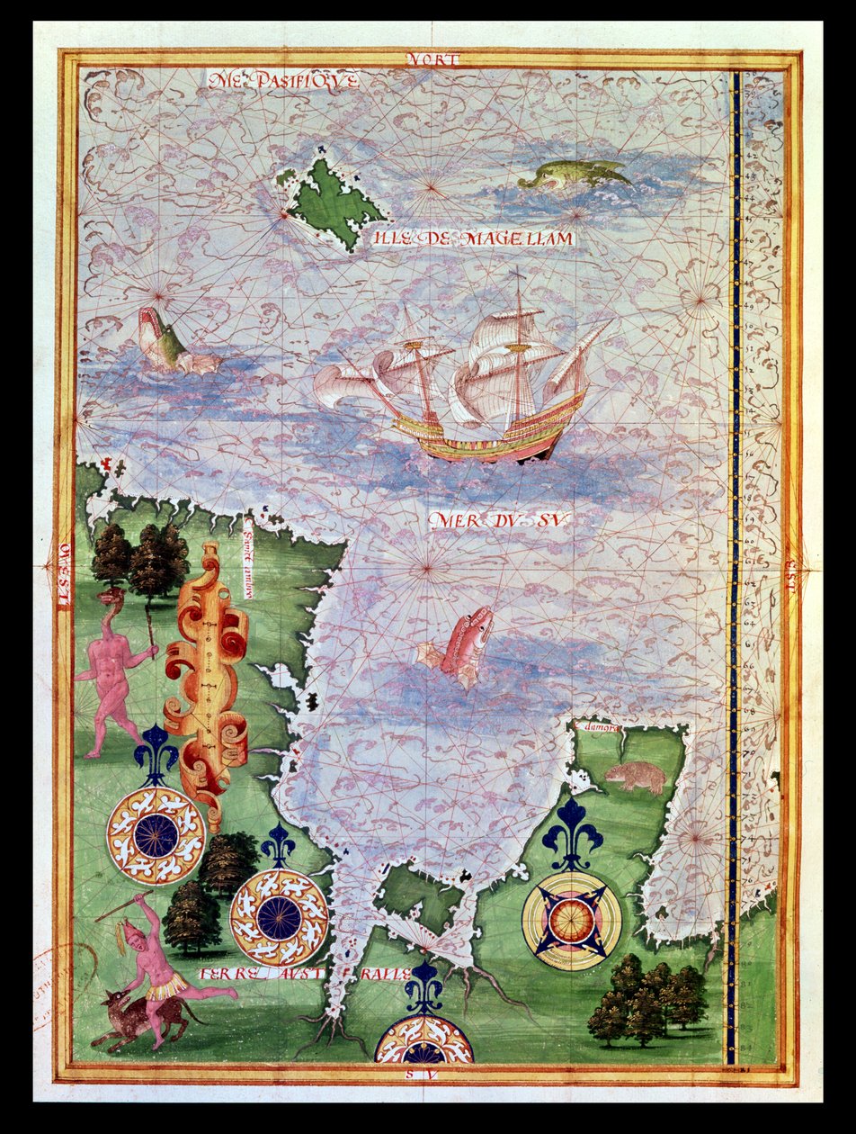 Fol.31v Mapa da Austrália e Ilha de Magalhães de &39;Cosmographie Universelle&39;, 1555 de Guillaume Le Testu