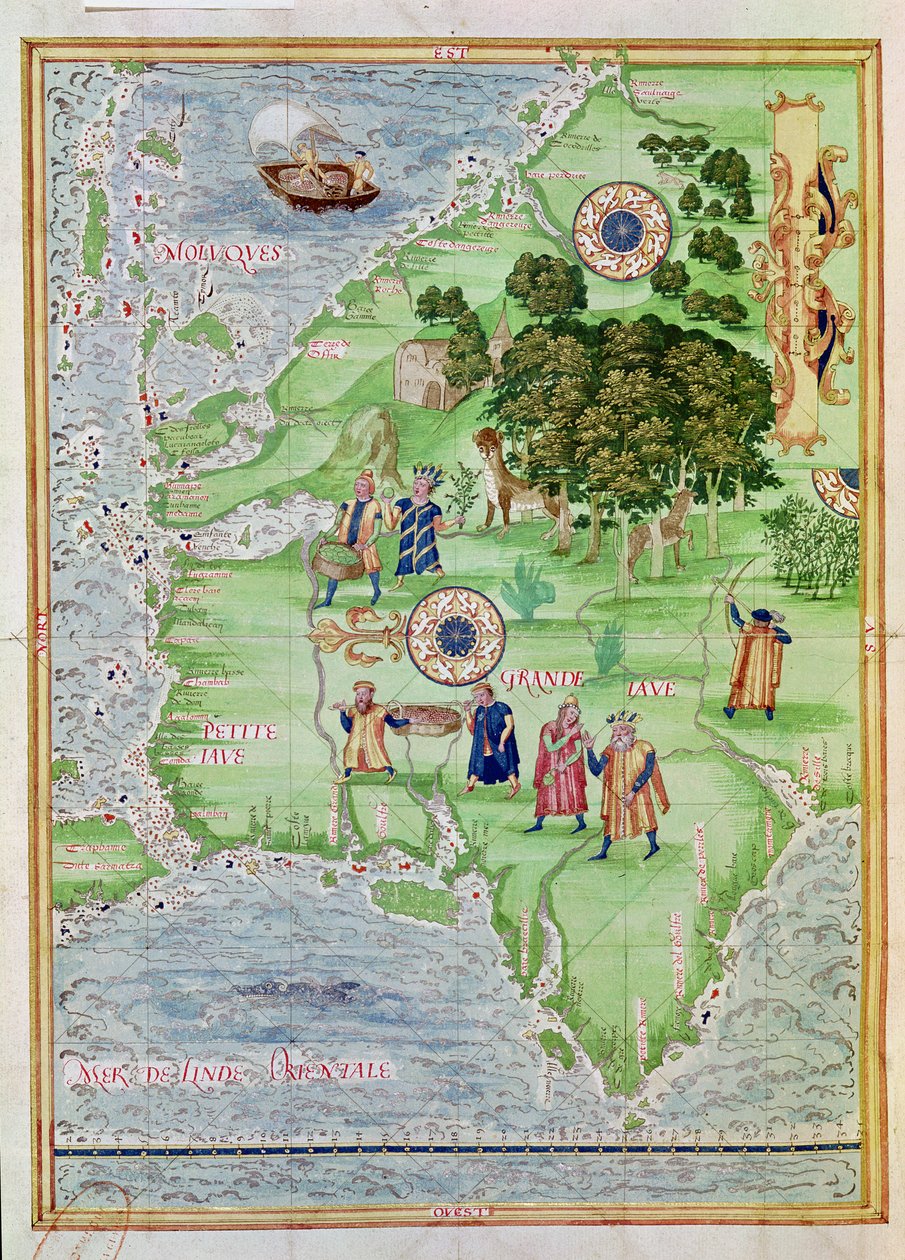 Fol.32v The Spice Trade nas Molucas, de &39;Cosmographie Universelle&39;, 1555 de Guillaume Le Testu