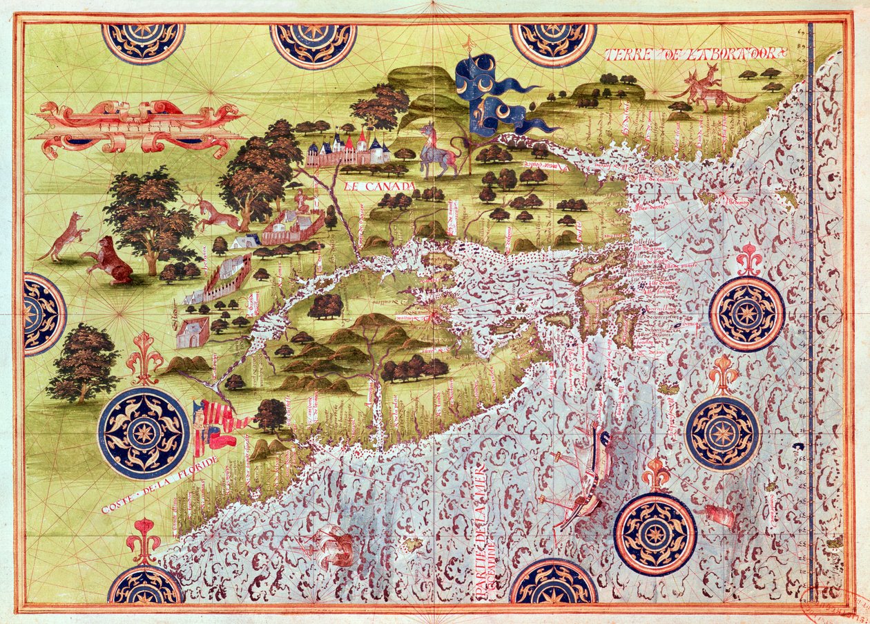 Fol.57v Mapa do Canadá e da Flórida, de &39;Cosmographie Universelle&39;, 1555 de Guillaume Le Testu