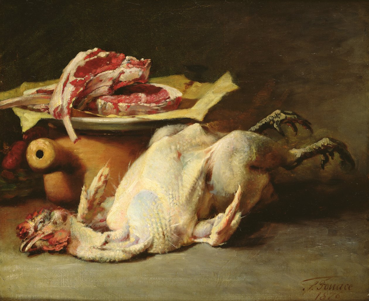 Ainda vida de uma galinha e costeletas, 1876 de Guillaume Romain Fouace