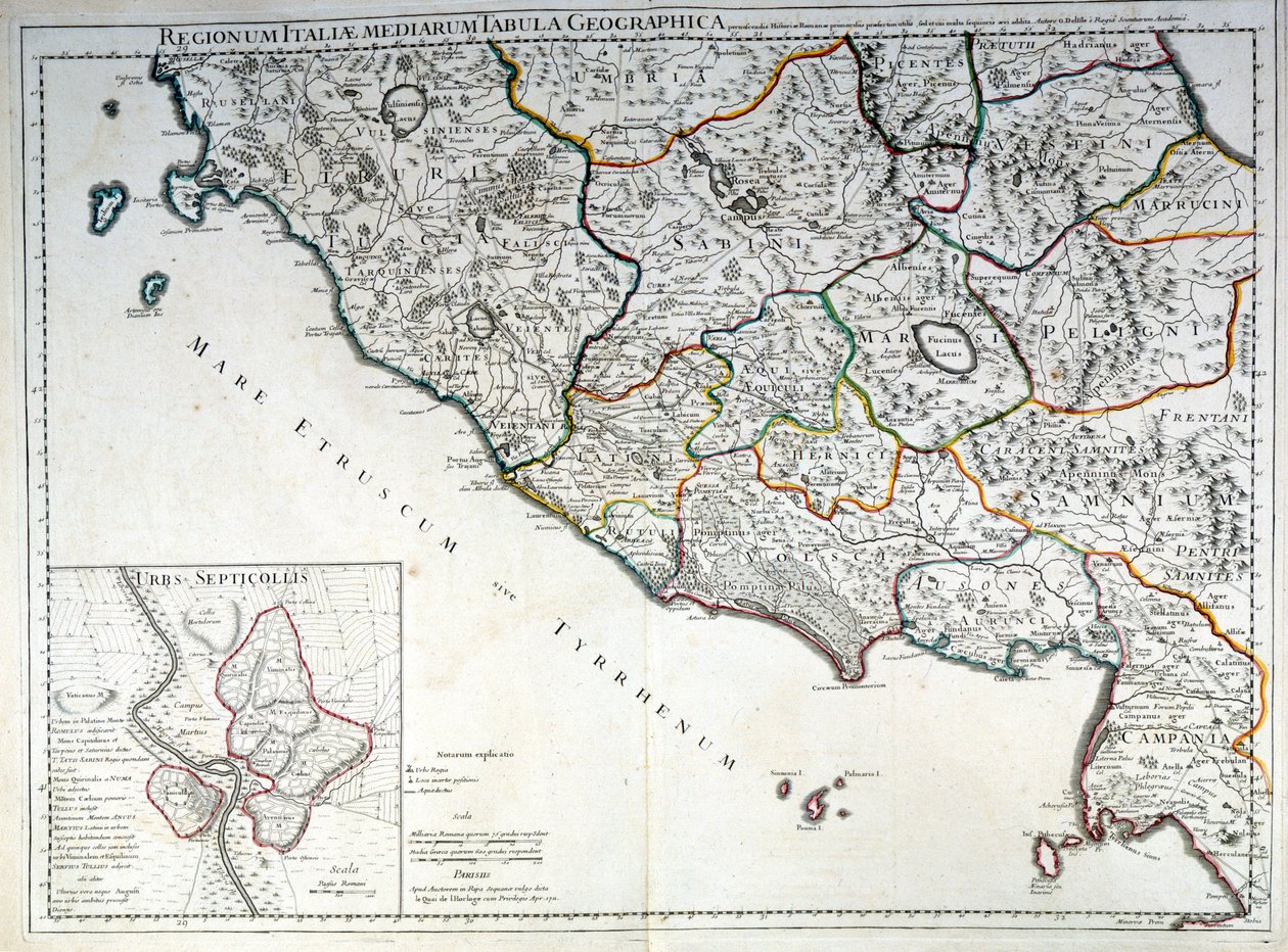 Mapa histórico da região italiana onde os etruscos viveram depois do Atlas de G. Delysle de Guillaume (after) Delisle