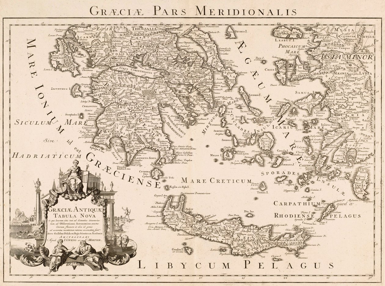 Mapa da Grécia antiga e parte da Turquia (gravura) de Guillaume (after) Delisle