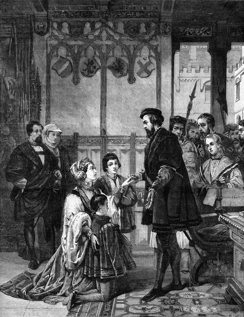 Filipa Welseren ou filipina Welser (1527-1580) implora o perdão de Fernando I de Habsburgo, imperador da Alemanha (1503-1564) por seu casamento morganático com seu filho arquiduque Fernando (1529-1595) conde do Tirol. Praga 1558. De uma pintura de Gui de Guillaume (after) Koller