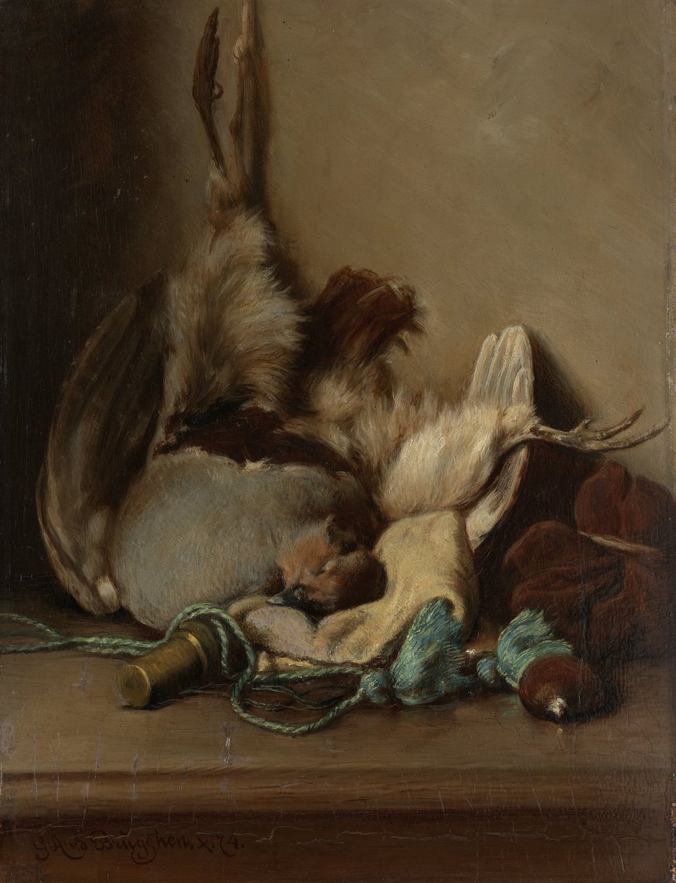 Natureza morta com pombo torcaz e chifre de pó de Guillaume Anne van der Brugghen