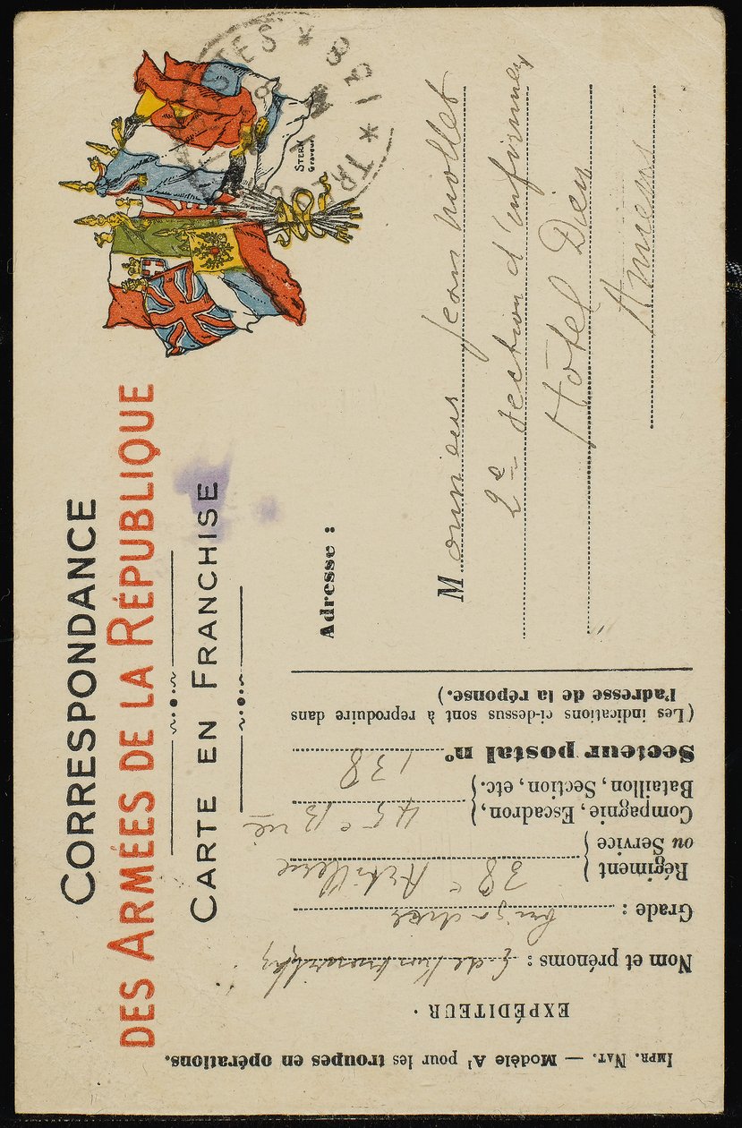 Cartão postal de autógrafos para Jean Mollet, 31 de julho de 1915 de Guillaume Apollinaire
