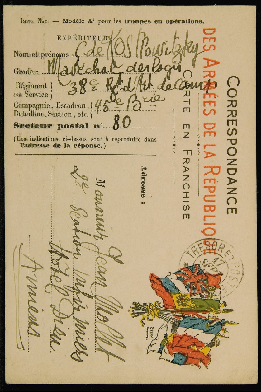 Cartão postal de autógrafos para Jean Mollet, datado de 16 de setembro de 1915 de Guillaume Apollinaire