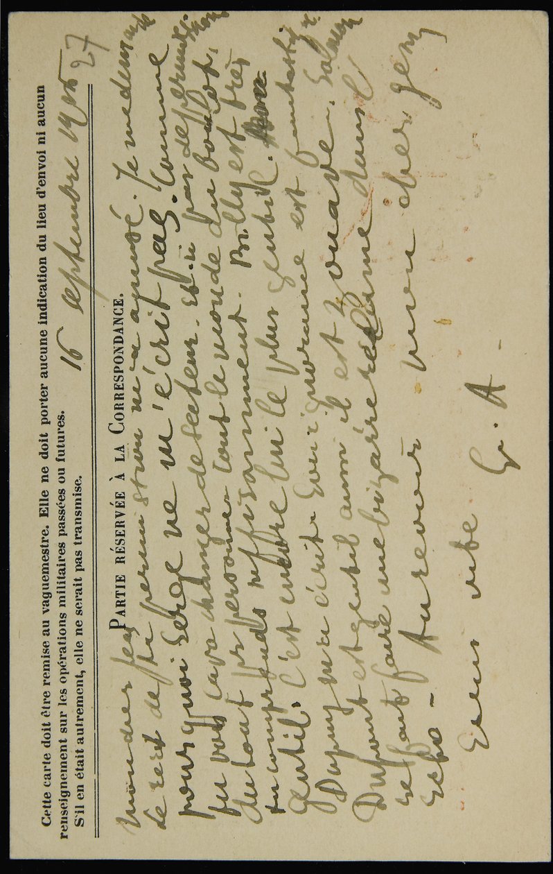 Cartão postal de autógrafos para Jean Mollet, datado de 16 de setembro de 1915 de Guillaume Apollinaire