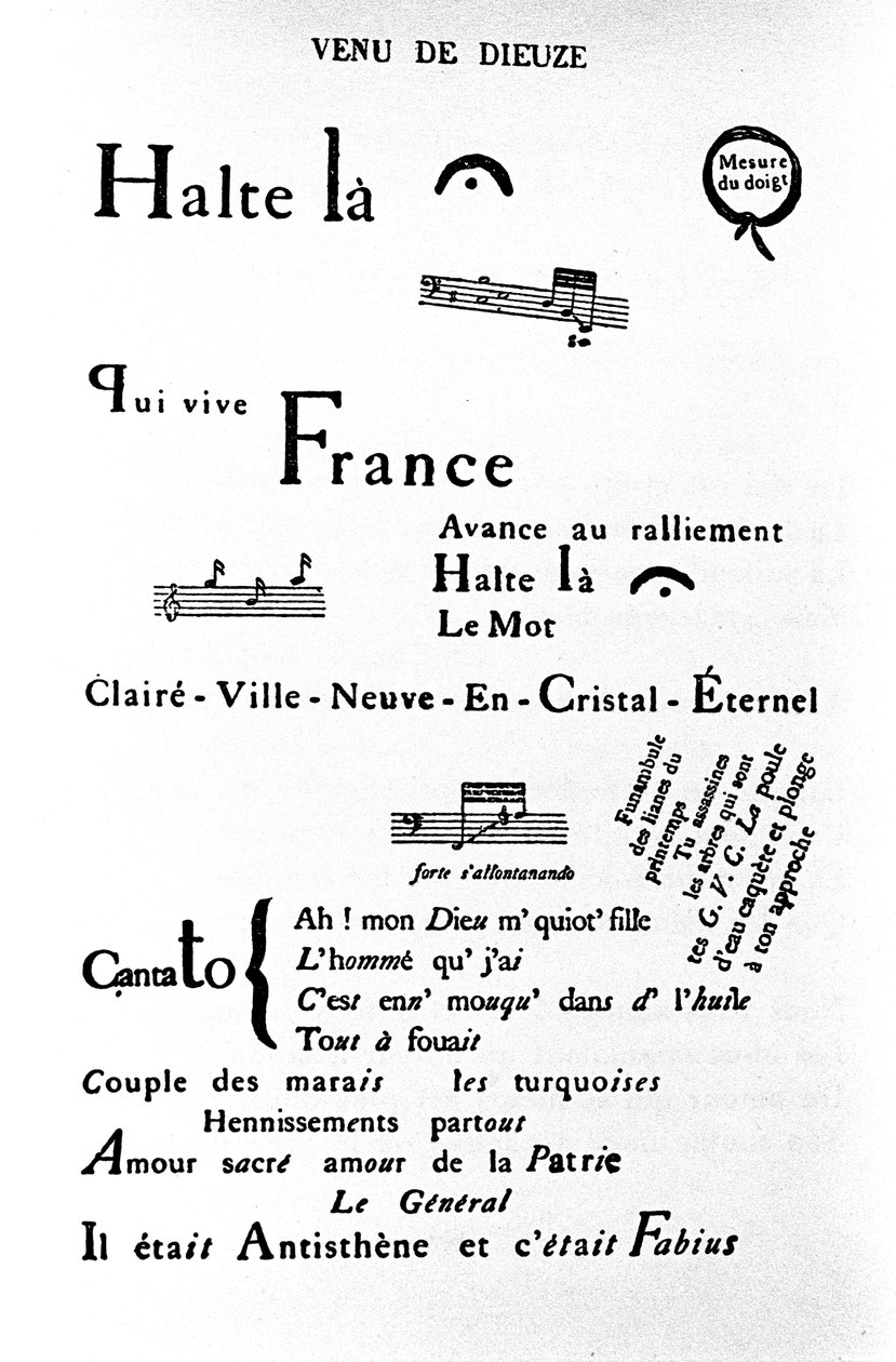 Calligram (rebus) de Guillaume Apollinaire (1880-1918): "Come of Dieuze". de Guillaume Apollinaire