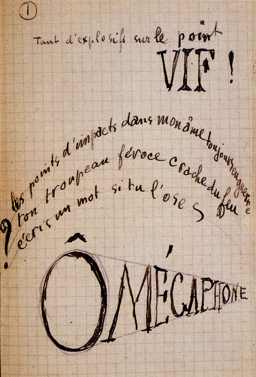 Calligram de Guillaume Apollinaire - em "Du coton dans les oreilles", manuscrito de autógrafo de 17 folhas de Guillaume Apollinaire