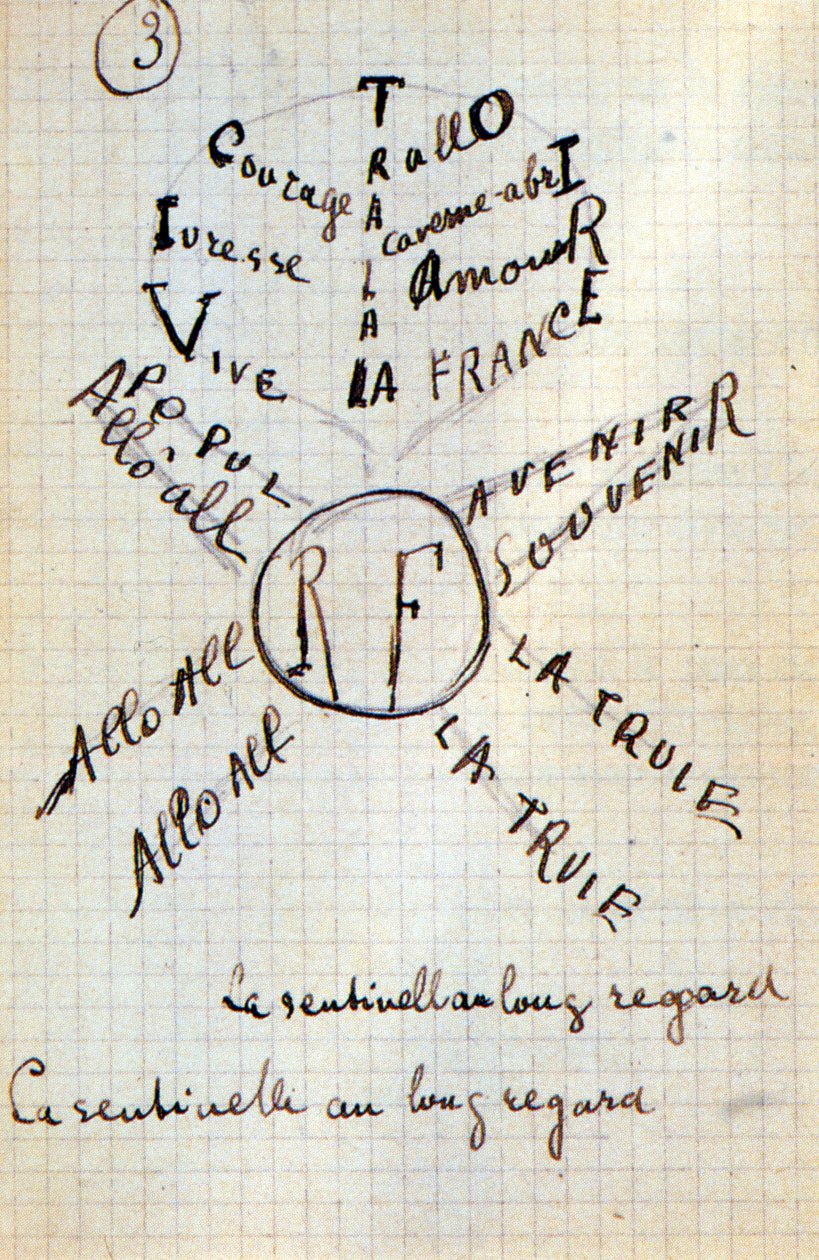 Calligram de Guillaume Apollinaire - em "Du coton dans les oreilles", manuscrito de autógrafo de 17 folhas de Guillaume Apollinaire