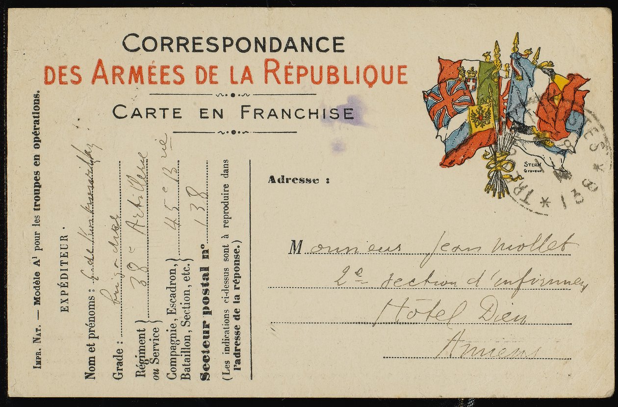 Cartão postal para Jean Mollet, 1915 de Guillaume Apollinaire