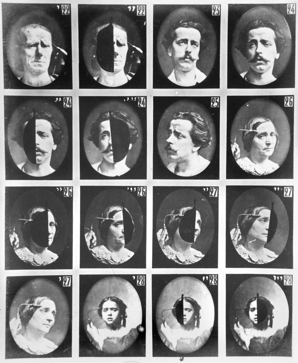 Estudos fisionômicos, de 22 a 28, de "Mecanismo da fisiologia humana ou análise eletrofisiológica das paixões", de Duchenne de Boulogne, publicado em 1876, Paris de Guillaume Benjamin Armand Duchenne de Boulogne