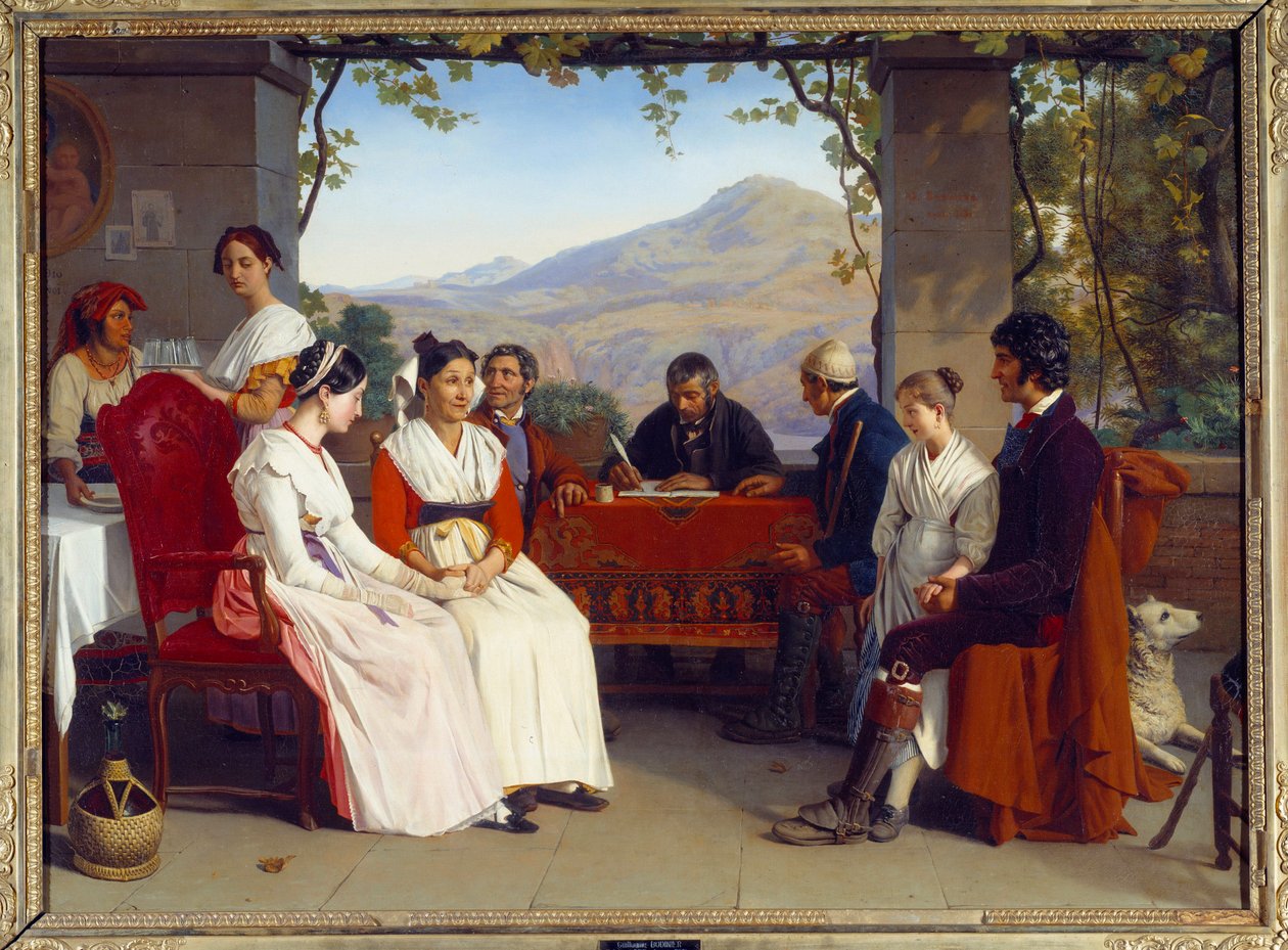 Sociedade Italiana: "O contrato de casamento na Itália em 1831" Pintura de Guillaume Bodinier (1795-1872) 1831 Sol. 10x1,38 m de Guillaume Bodinier