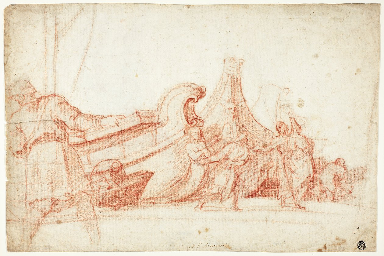 Cena da doca (anverso); dois esboços de figuras masculinas (verso) de Guillaume Courtois