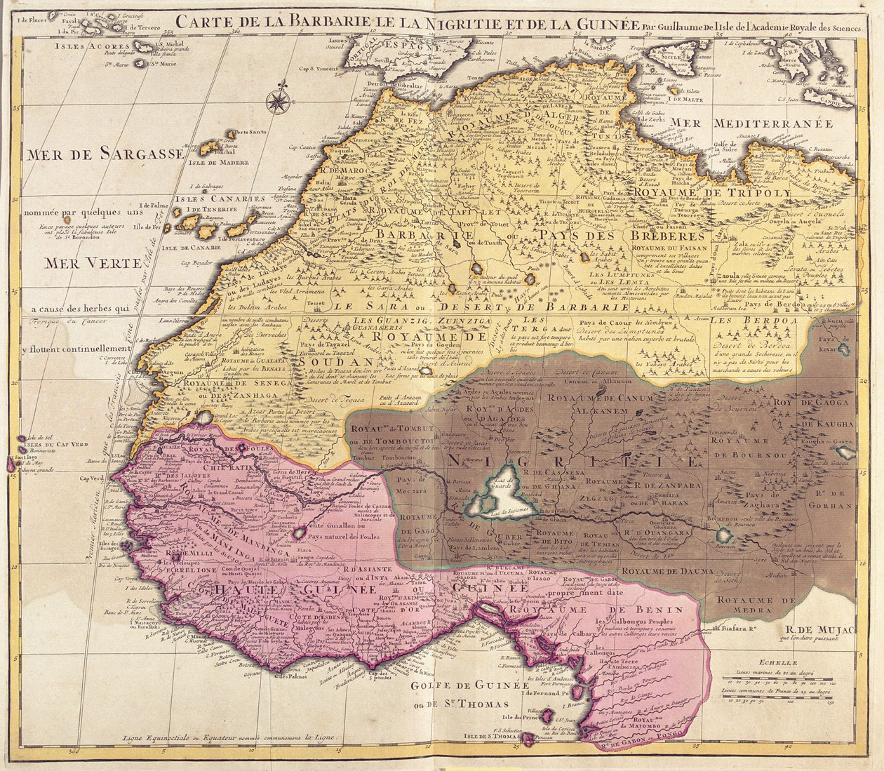 Mapa da Barbária (Marrocos, Argélia, Tunísia, Líbia), Nigritude (Mali, Burkina Faso, Níger) e Guinee (Senegal, Guiné, Serra Leoa, Libéria, Costa do Marfim, Gana, Togo, Benin, Nigéria) (gravura de Guillaume Delisle