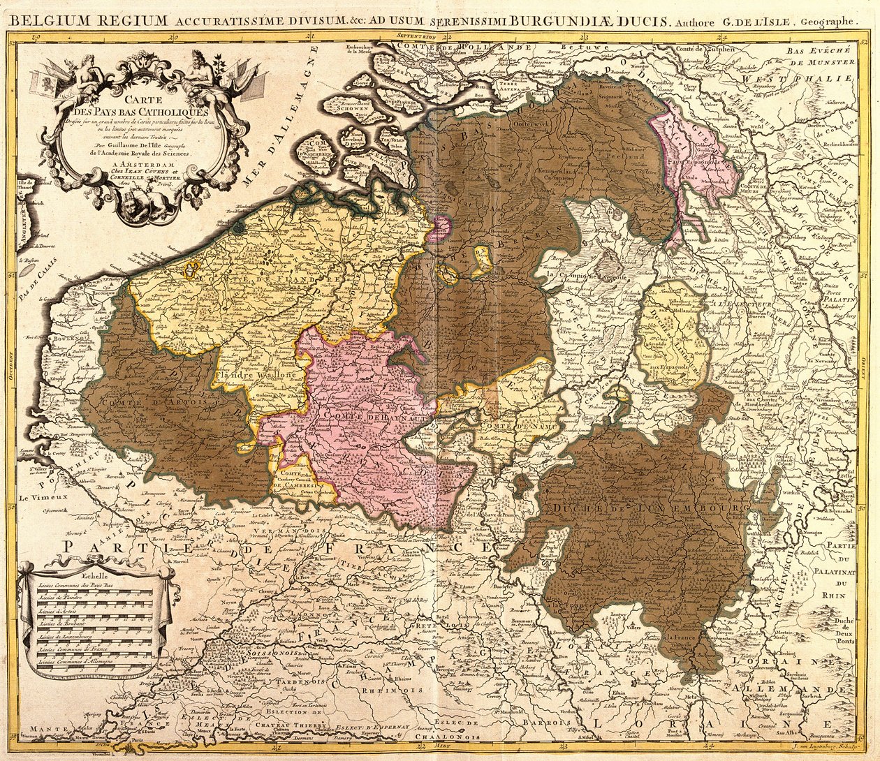 Mapa dos Países Baixos católicos (Bélgica e Luxemburgo) (gravura de Guillaume Delisle