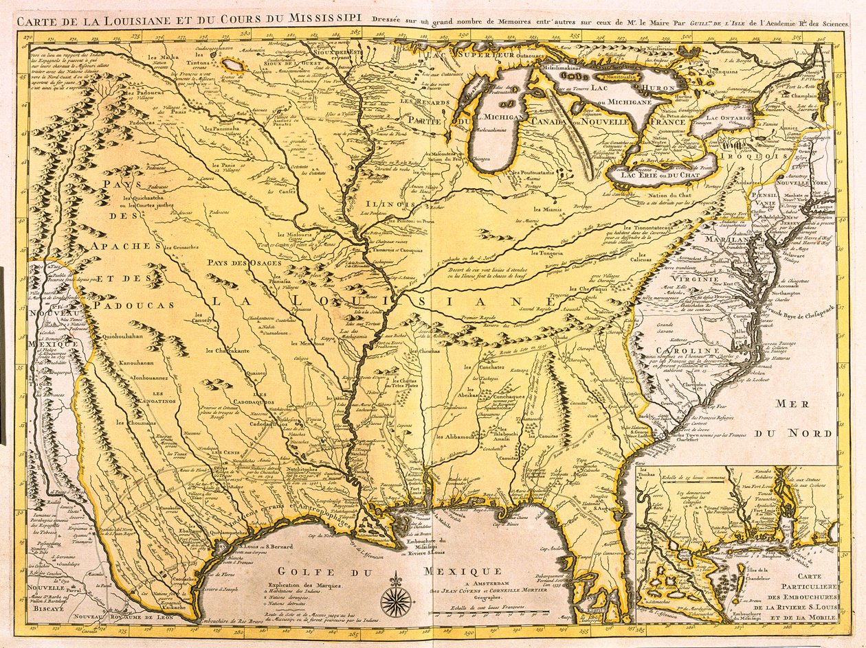 Mapa da Louisiana (EUA) e do Rio Mississippi (gravura de Guillaume Delisle