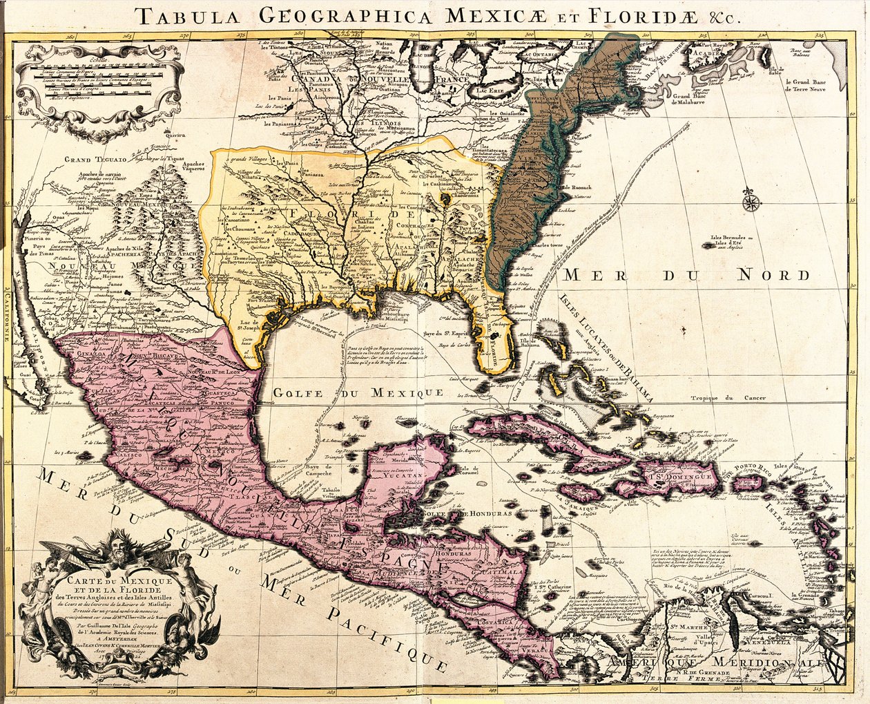 Mapa do México e Flórida (EUA) com as ilhas do Caribe (Cuba, Haiti, Jamaica, Antilhas) (gravura de Guillaume Delisle