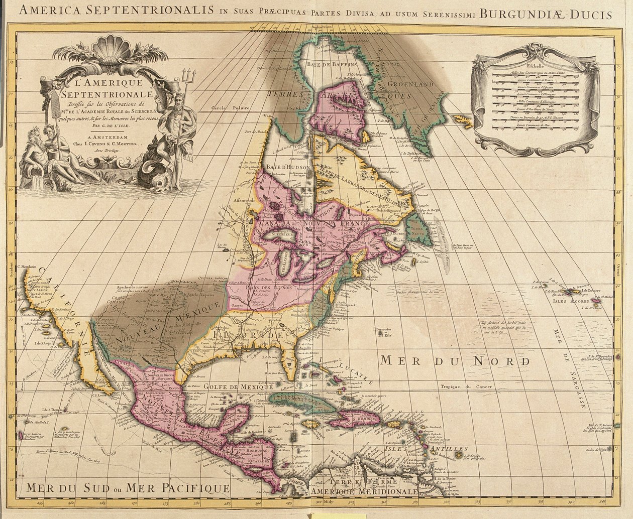 Mapa da América do Norte (Gronelândia, Canadá, EUA, México e Ilhas do Caribe: Cuba, Haiti, Jamaica, Índias Ocidentais) (gravura de Guillaume Delisle