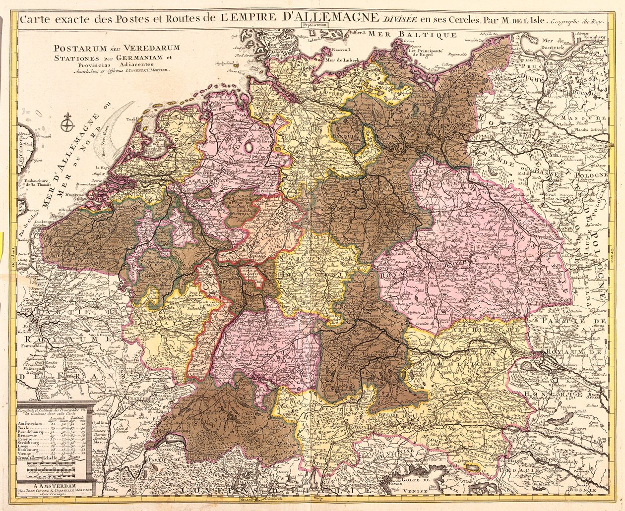 Mapa de estradas e postes da Alemanha (gravura de Guillaume Delisle