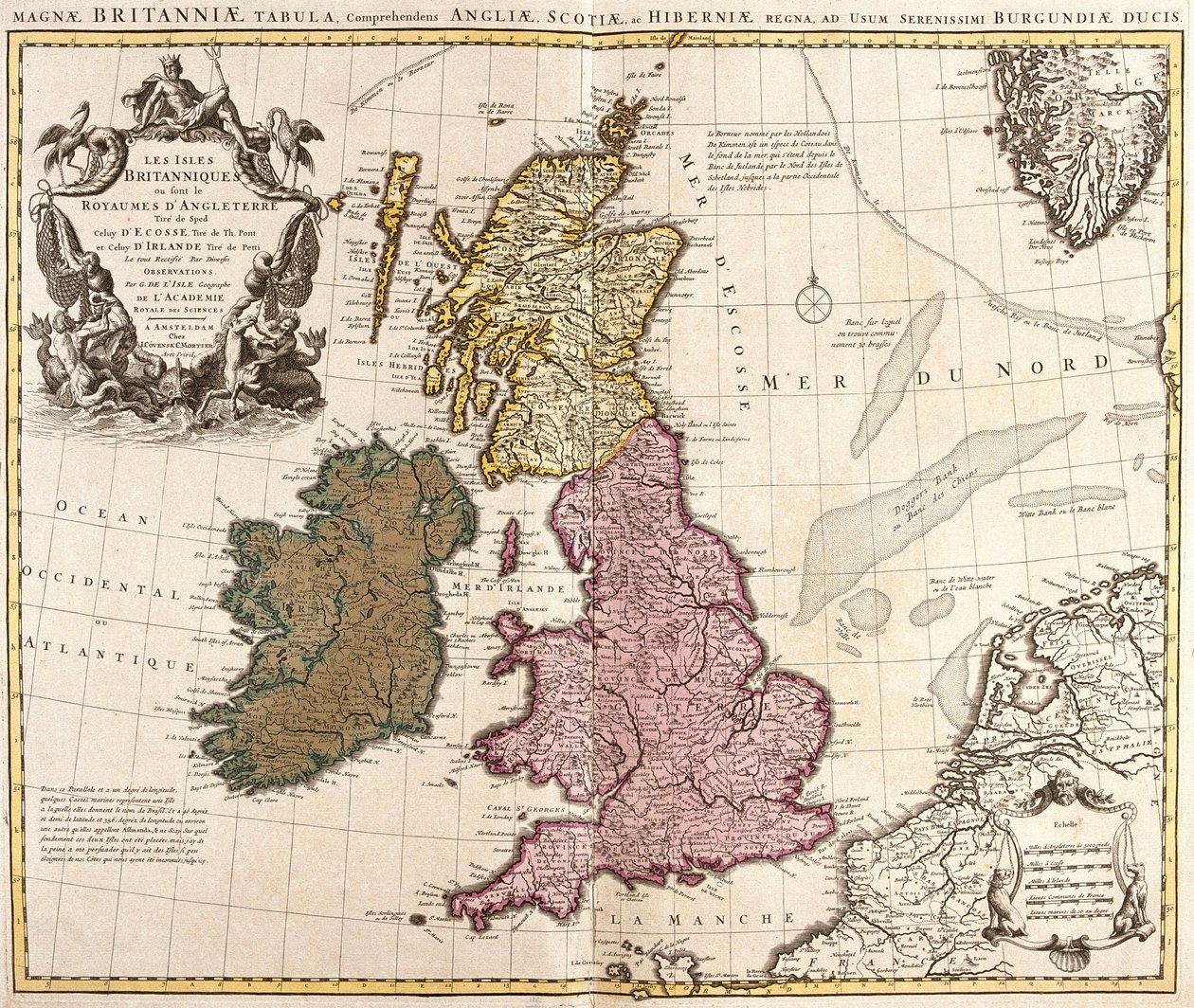 Mapa das Ilhas Britânicas, Reinos de Inglaterra, Escócia e Irlanda (gravura de Guillaume Delisle