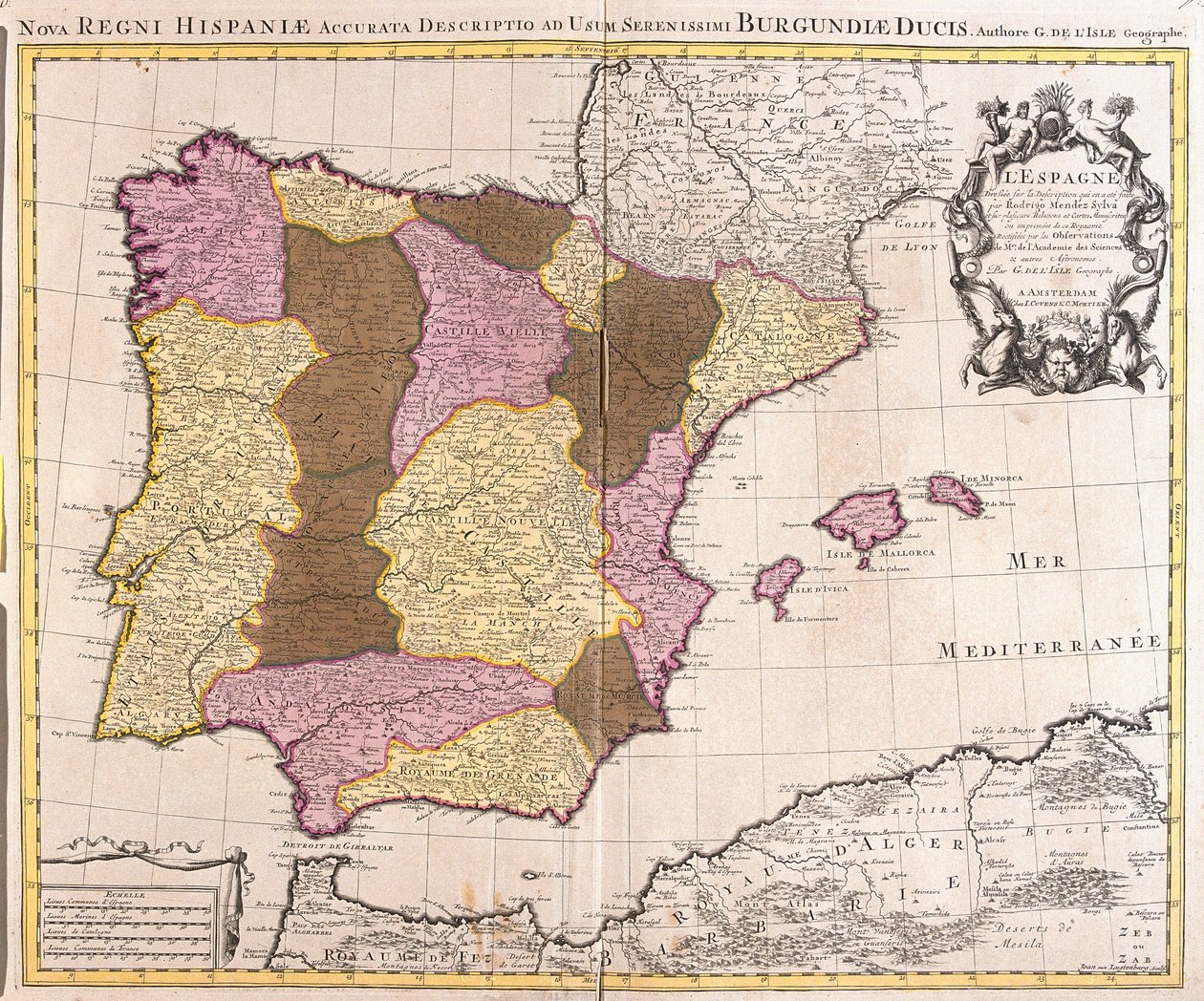 Mapa da Península Ibérica, Reino de Portugal e Espanha (gravura de Guillaume Delisle