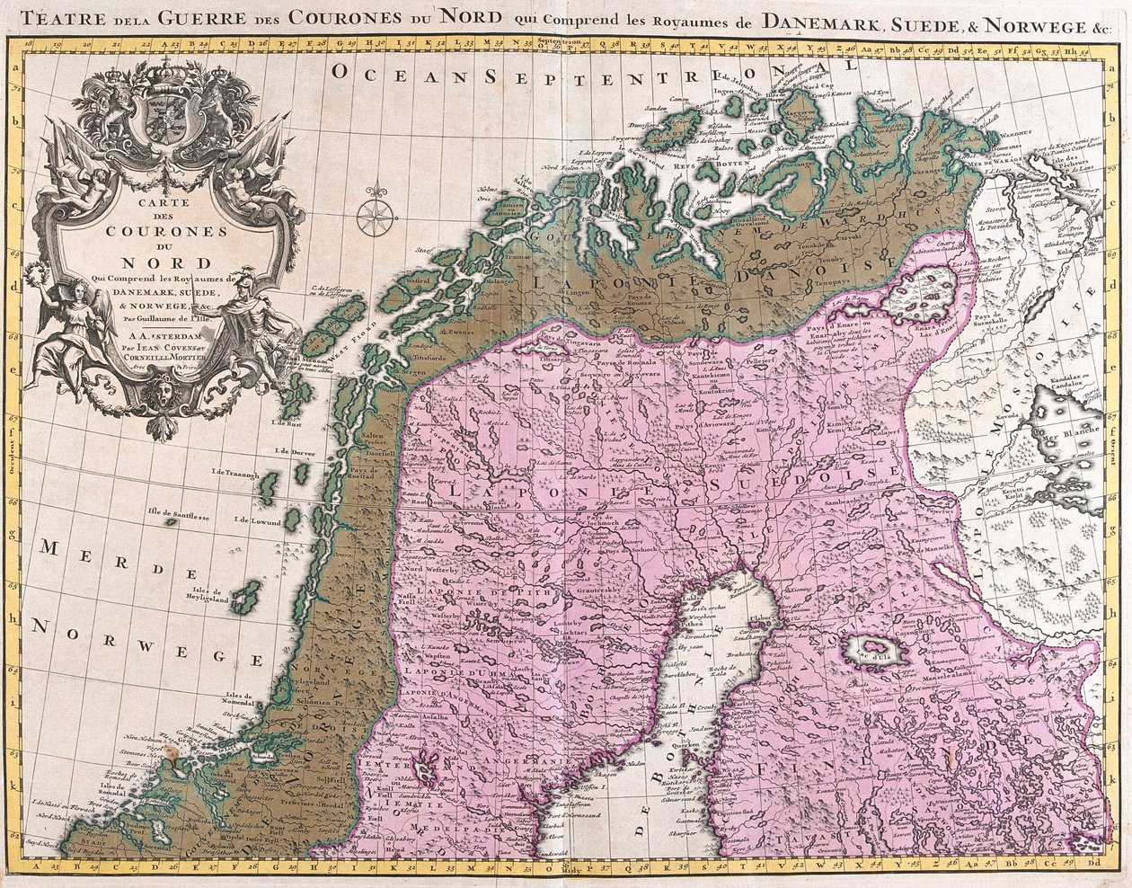 Mapa dos países nórdicos, reinos da Dinamarca, Suécia e Noruega (gravura de Guillaume Delisle