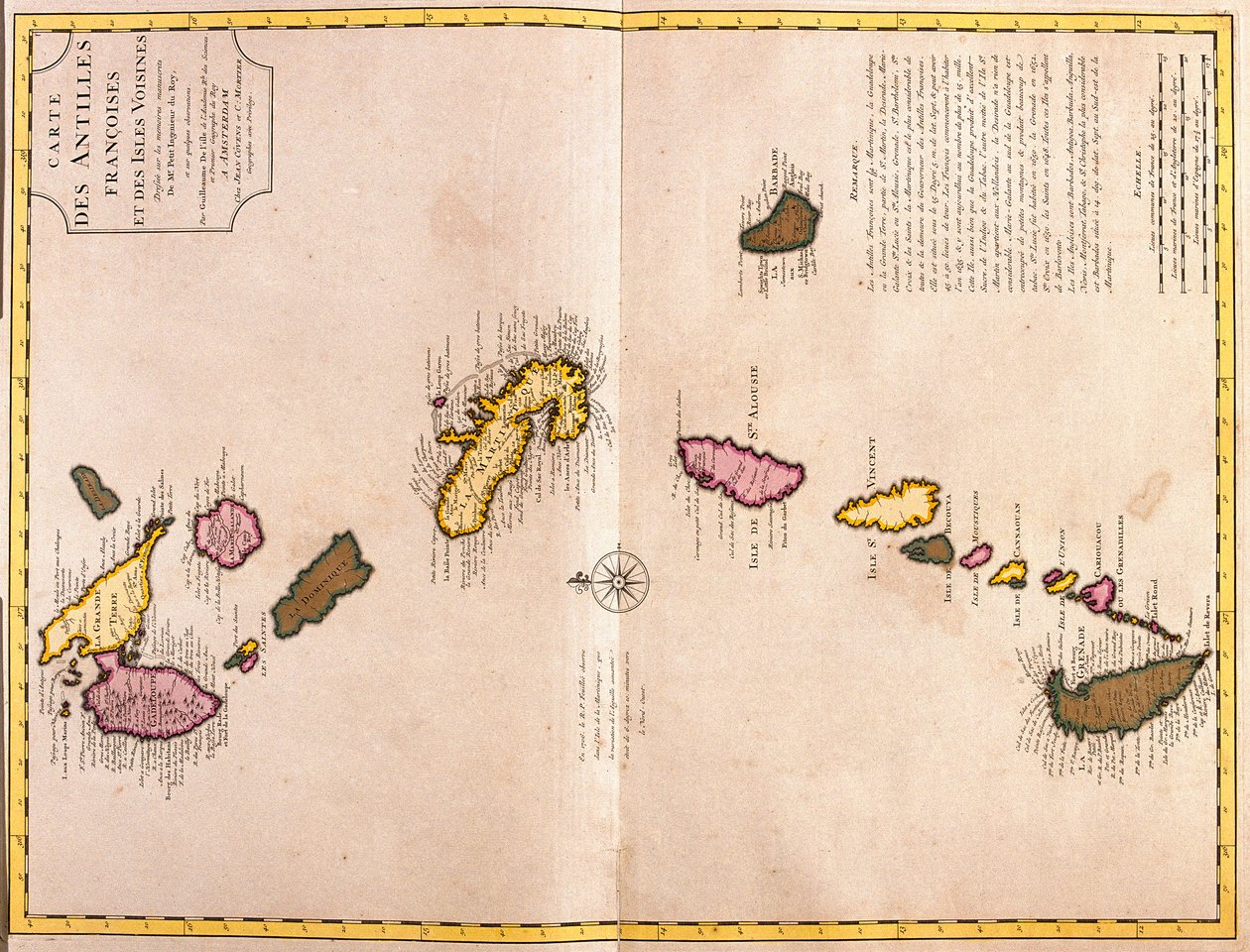 Mapas das ilhas do Caribe (Guadalupe, Marie Galante, Dominica, Martinica, Santa Lúcia, São Vicente, Barbados, Granadinas e Grenada) (gravura de Guillaume Delisle