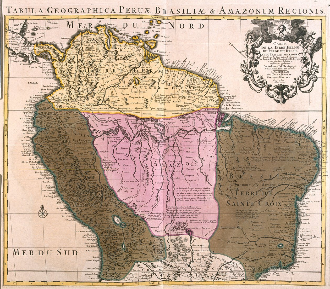 Panamá, Colômbia, Venezuela, Guiana Francesa, Guiana, Suriname, Equador, Peru, Bolívia, grande parte do Brasil (exceto o Sul), Norte do Chile de Guillaume Delisle