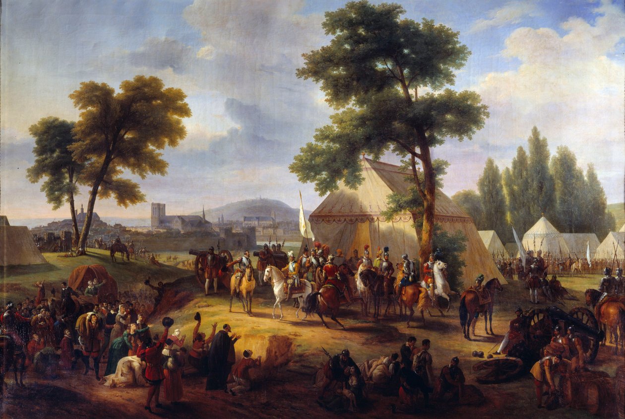 Guerra das Religiões: "Rei Henrique IV (1553-1610) perto de Paris durante o cerco da cidade em 1590 abastece os parisienses famintos" Pintura de Frederic Ronmy (1786-1854) Rouen do século XIX, Musee des Beaux Arts de Guillaume Frederic Ronmy