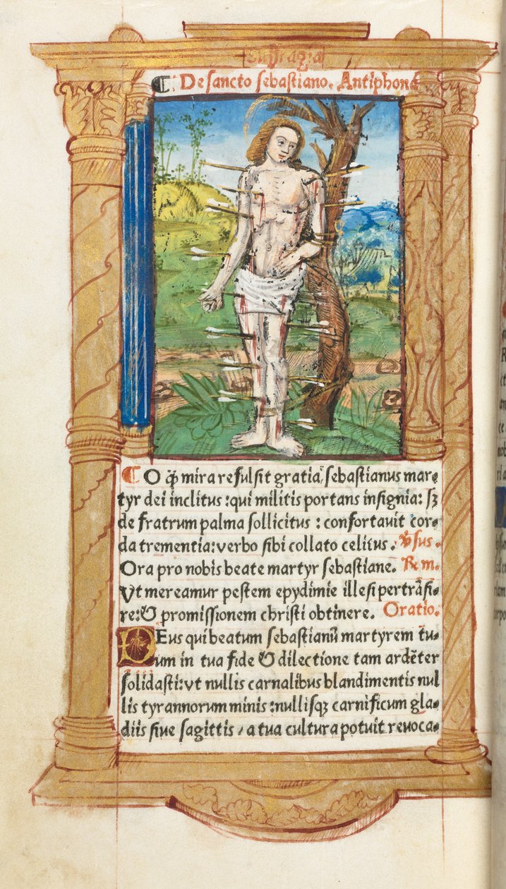 Livro de horas impresso (uso de Roma): fol. 102v, S. Sebastião de Guillaume Le Rouge
