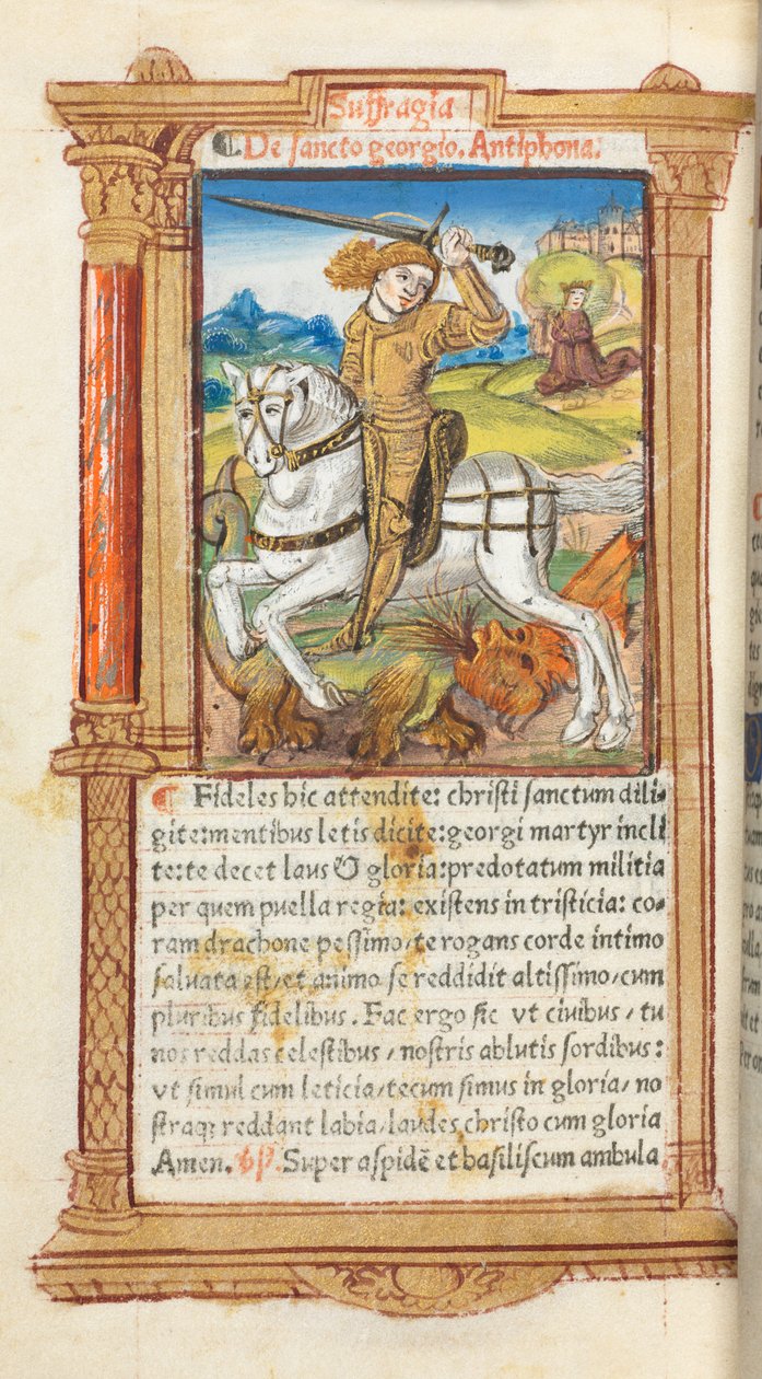 Livro de horas impresso (uso de Roma): fol. 103v, São Jorge matando o dragão de Guillaume Le Rouge