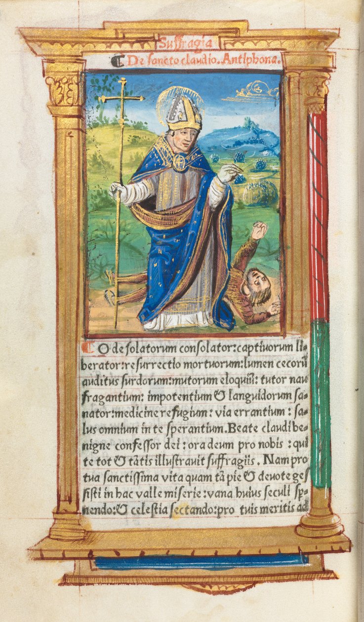 Livro de horas impresso (uso de Roma): fol. 105v, São Cláudio como bispo de Guillaume Le Rouge