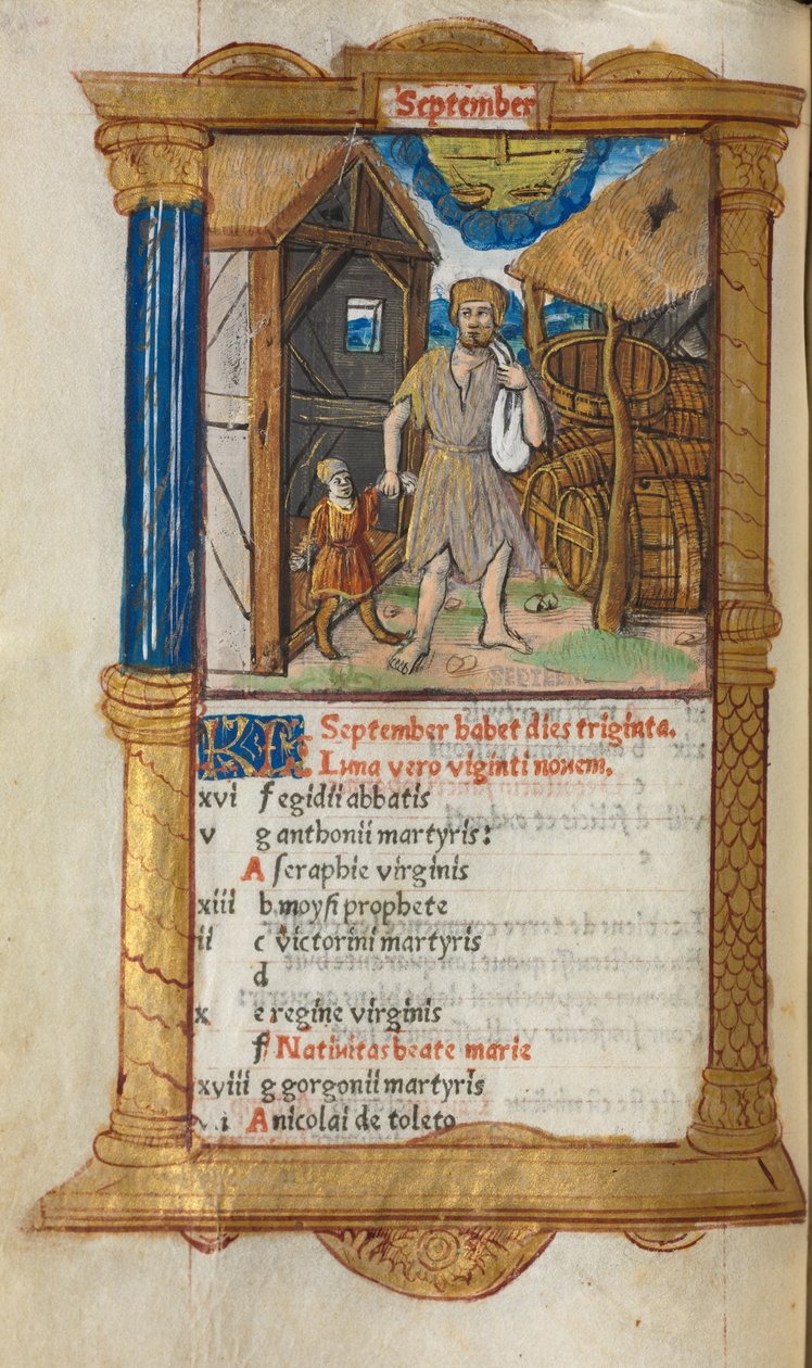 Livro de horas impresso (uso de Roma): fol. 10v, ilustração do calendário de setembro de Guillaume Le Rouge