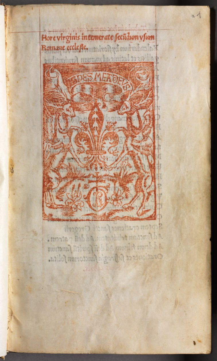 Livro de horas impresso (uso de Roma): fol. 1r, marca de impressor de Guillaume Le Rouge