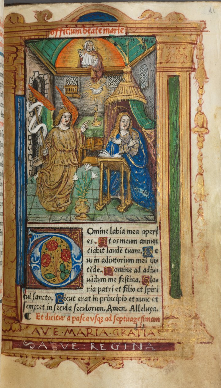 Livro de horas impresso (uso de Roma): fol. 25r, A Anunciação de Guillaume Le Rouge