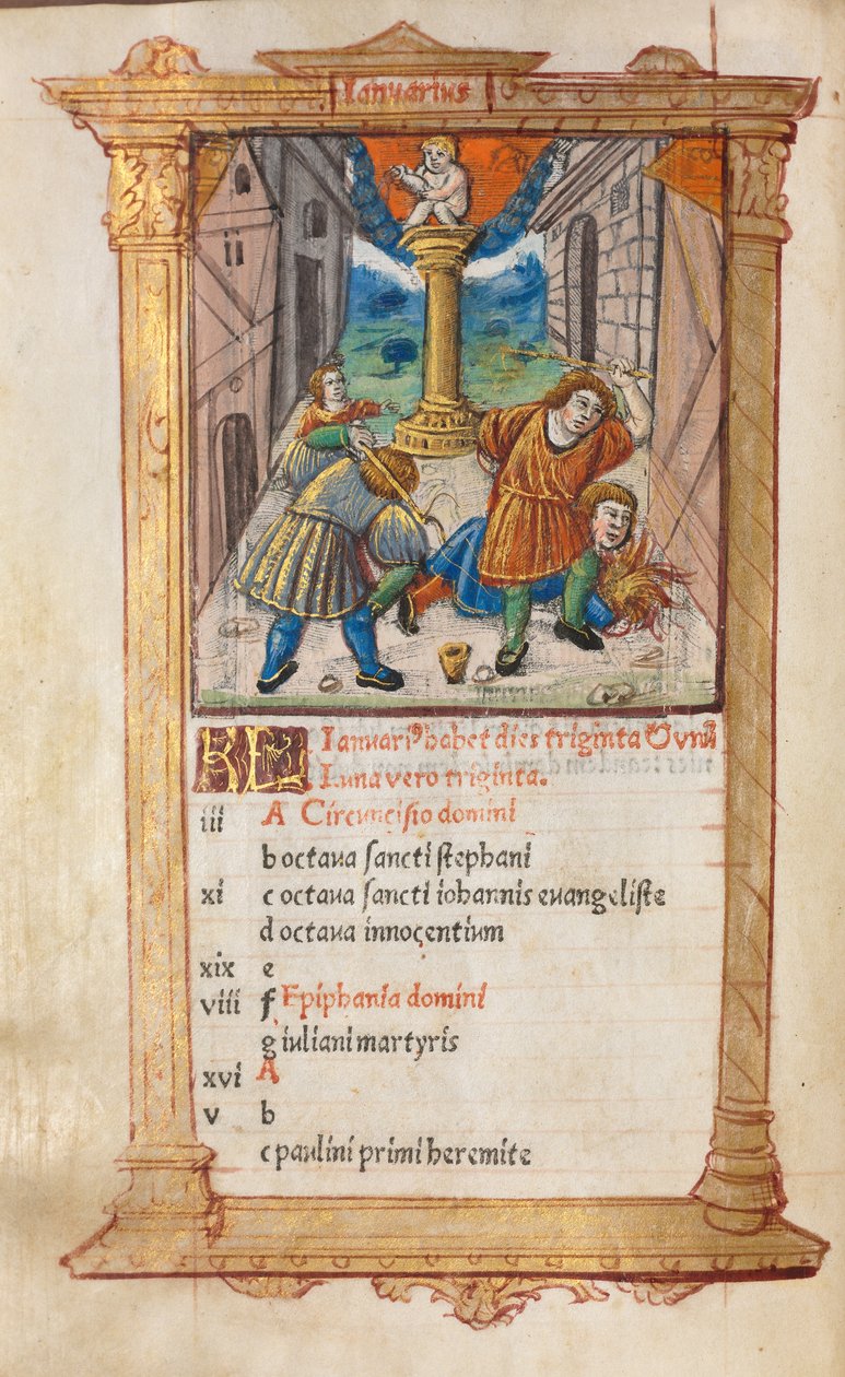 Livro de horas impresso (uso de Roma): fol. 2v, ilustração do calendário de janeiro de Guillaume Le Rouge