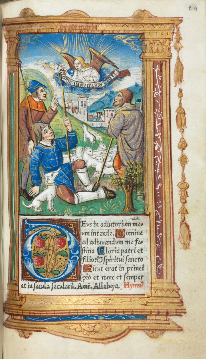 Livro de horas impresso (uso de Roma): fol. 36r, Anunciação aos pastores de Guillaume Le Rouge