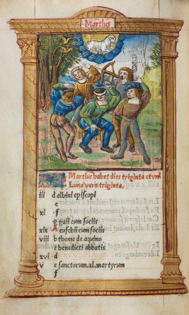 Livro de horas impresso (uso de Roma): fol. 4v, ilustração do calendário de março de Guillaume Le Rouge