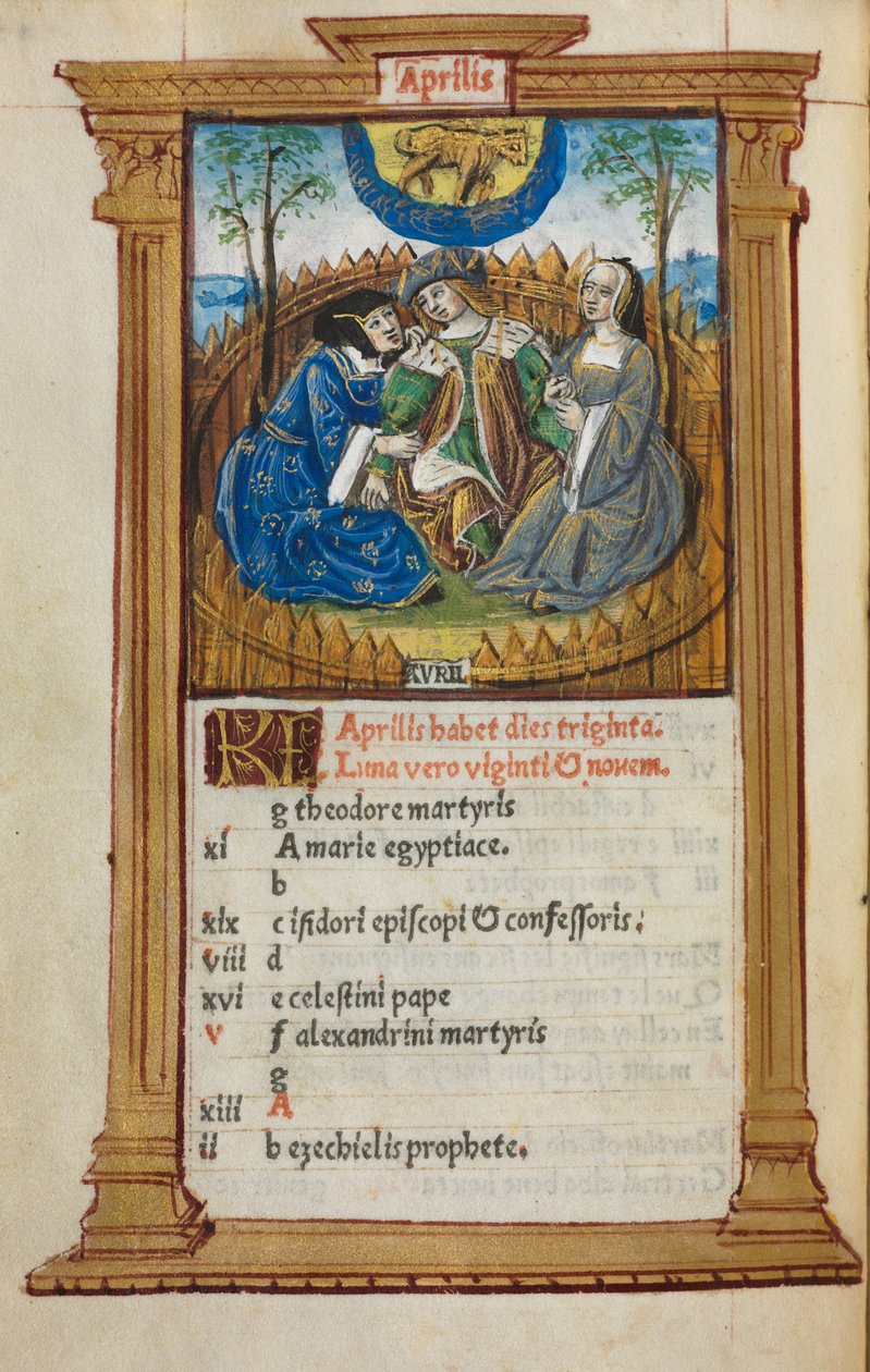 Livro de horas impresso (uso de Roma): fol. 5v, ilustração do calendário de abril de Guillaume Le Rouge