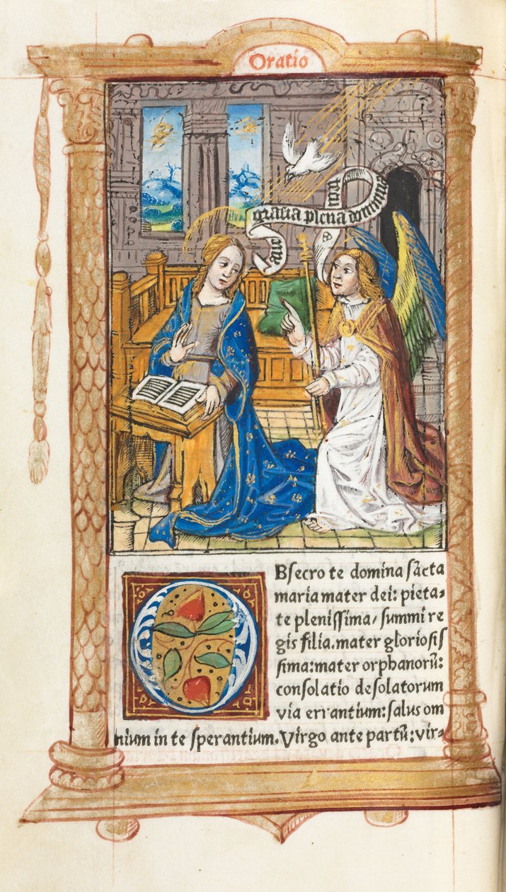 Livro de horas impresso (uso de Roma): fol. 60v, A Anunciação de Guillaume Le Rouge