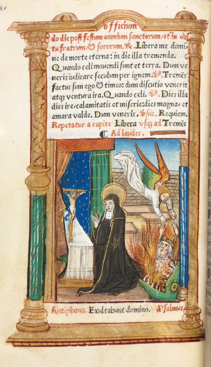 Livro de horas impresso (uso de Roma): fol. 84v, freira dominicana em oração de Guillaume Le Rouge